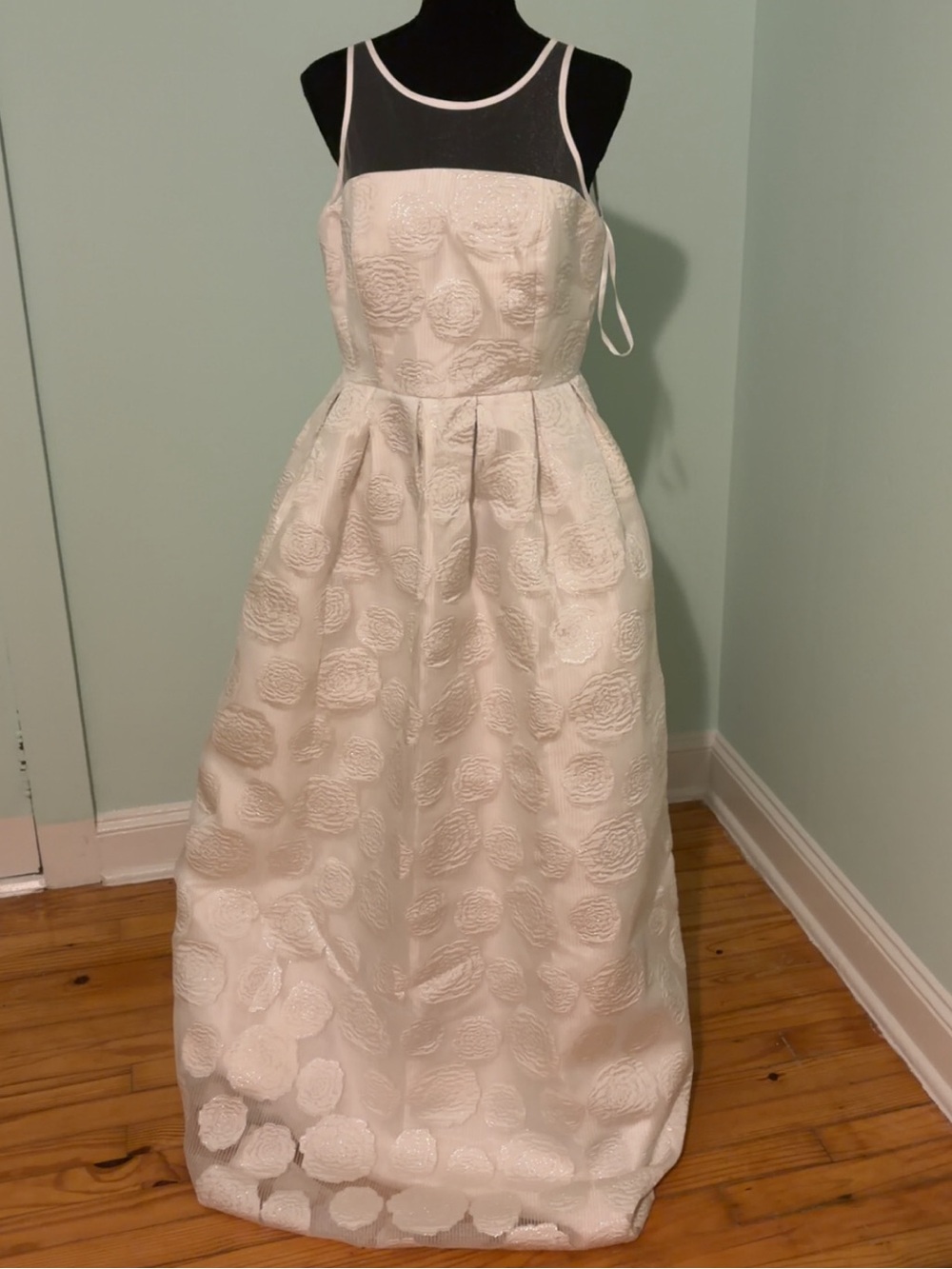 Minuet Petite White Floral Jacquard Formal Dress with Sheer Black Yoke